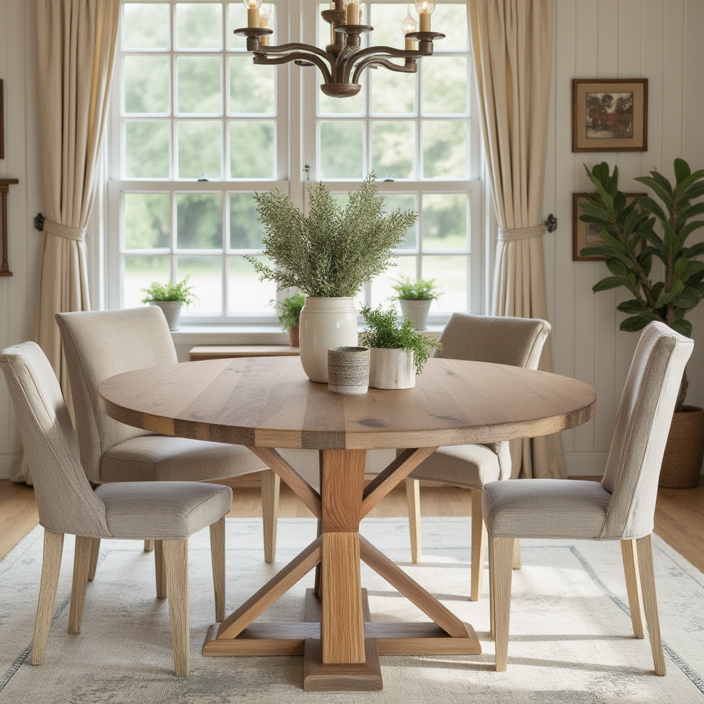 Custom_Round_white_oak_dining_table_with_pedestal_base_in_modern_farmhouse_dining_room_with_cream_fabric_chairs