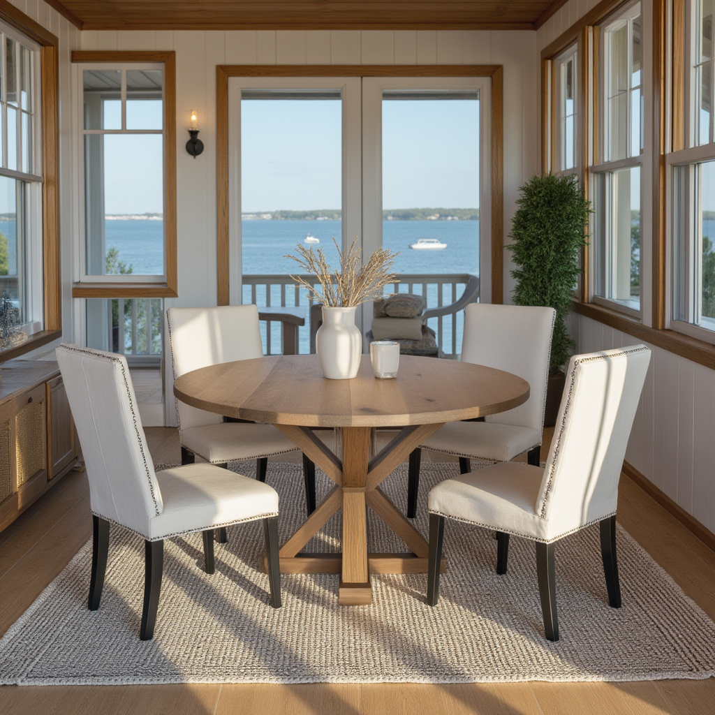Custom_Round_white_oak_dining_table_with_pedestal_base_overlooking_lake_with_white_fabric_chairs