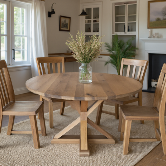 Custom_Round_white_oak_dining_table_with_pedestal_base_and_wood_chairs_in_a_modern_farmhouse_dining_room