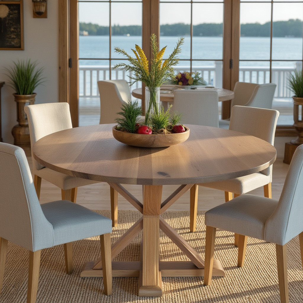 Custom_Round_white_oak_dining_table_with_pedestal_base_overlooking_lake_with_blue_fabric_chairs