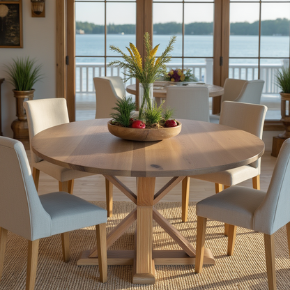 Custom_Round_white_oak_dining_table_with_pedestal_base_overlooking_lake_with_blue_fabric_chairs