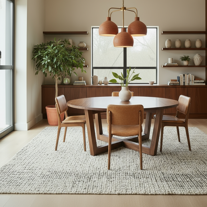 Dining room with a round wooden table and chairs, pendant light, and large window.