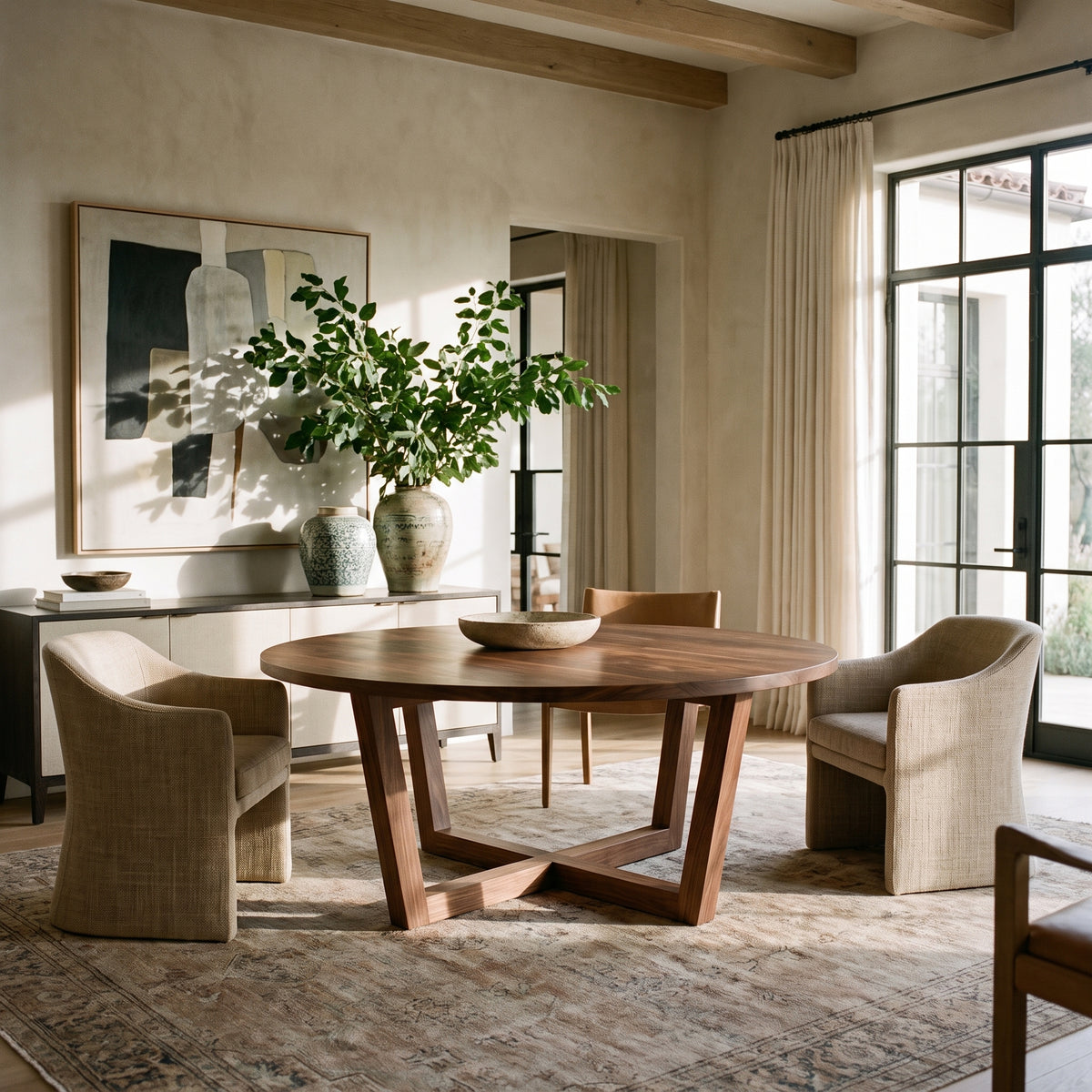 The Alli Dining Table features a round walnut top and sculptural base, styled in a warm, modern minimalist dining room.