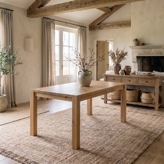The Paulo Dining Table in a rustic, light-wood finish, styled in a warm, minimalist dining room with natural textures.