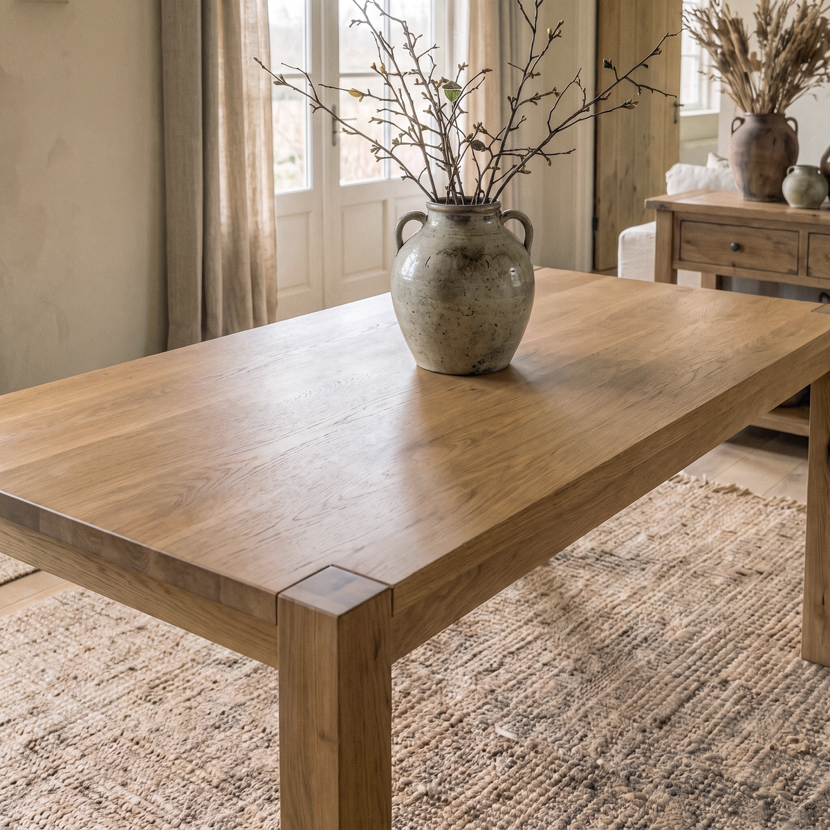 Minimalist dining room with a rustic wooden table, ceramic vase centerpiece, and textured rug in a warm, neutral interior.