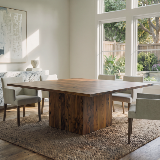 Modern dining room with a large square wooden table, upholstered chairs, and a marble sideboard in a sunlit space.