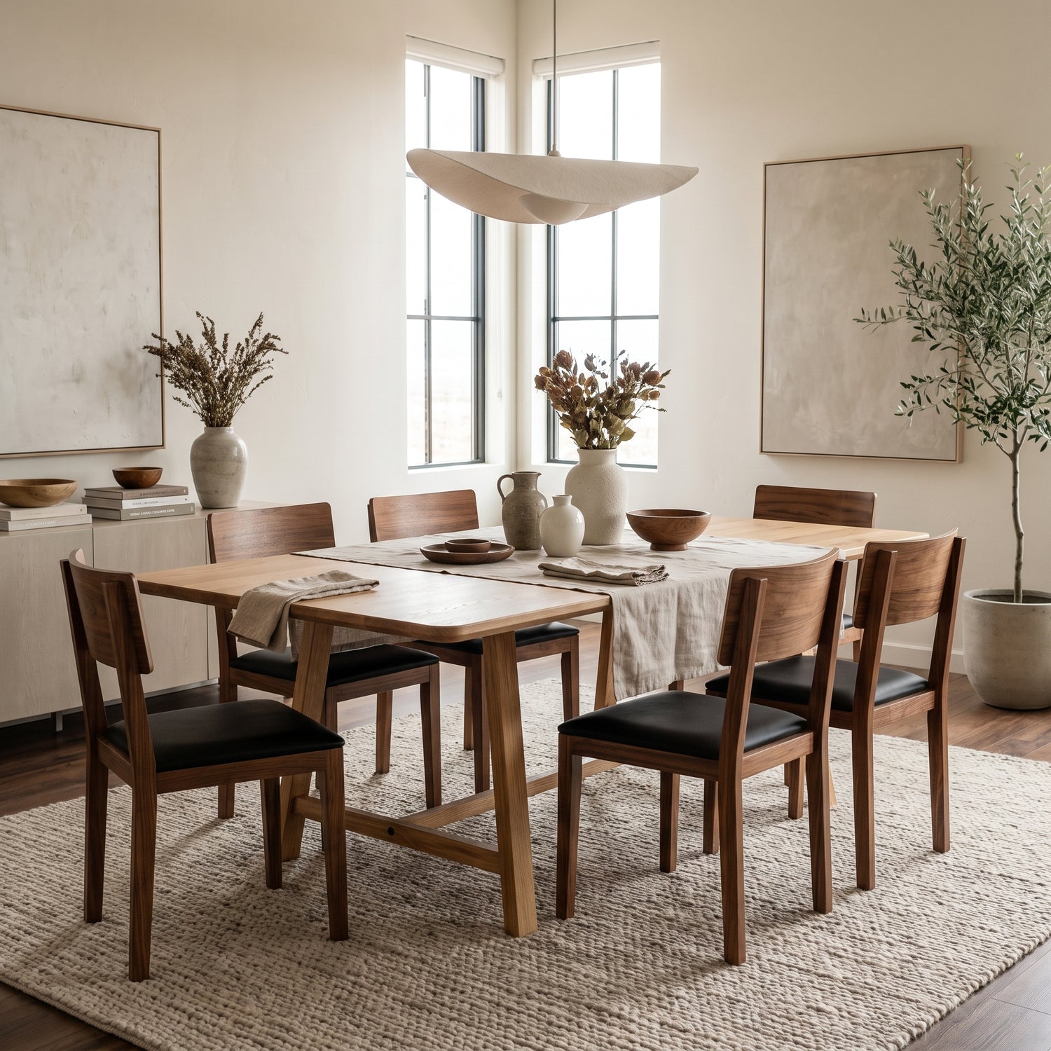 Modern minimalist dining room with a wooden table, black-cushioned chairs, neutral decor, and an olive tree in a bright space.