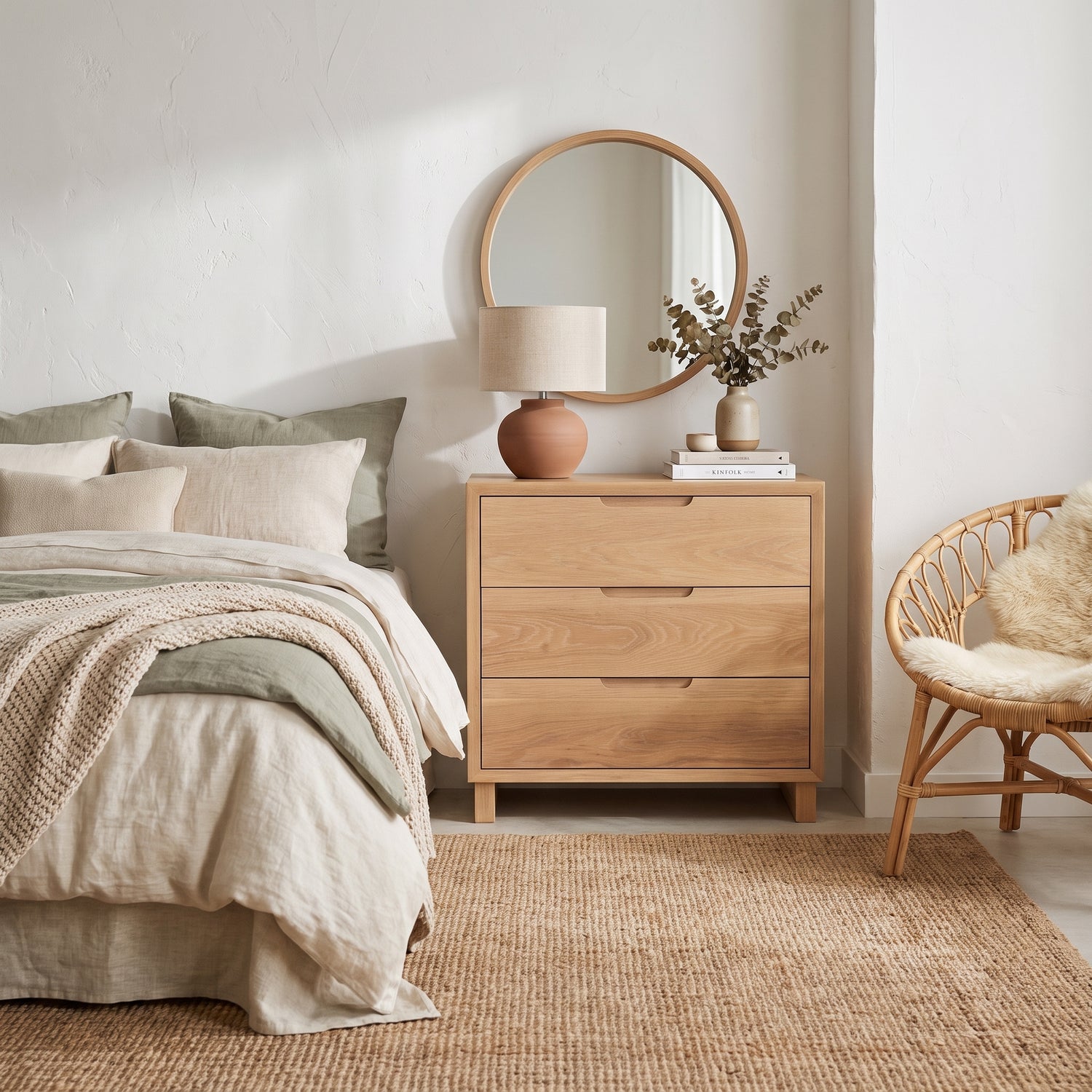 Francesca Waterfall Nightstand in a serene bedroom with a round mirror, lamp, and neutral decor.