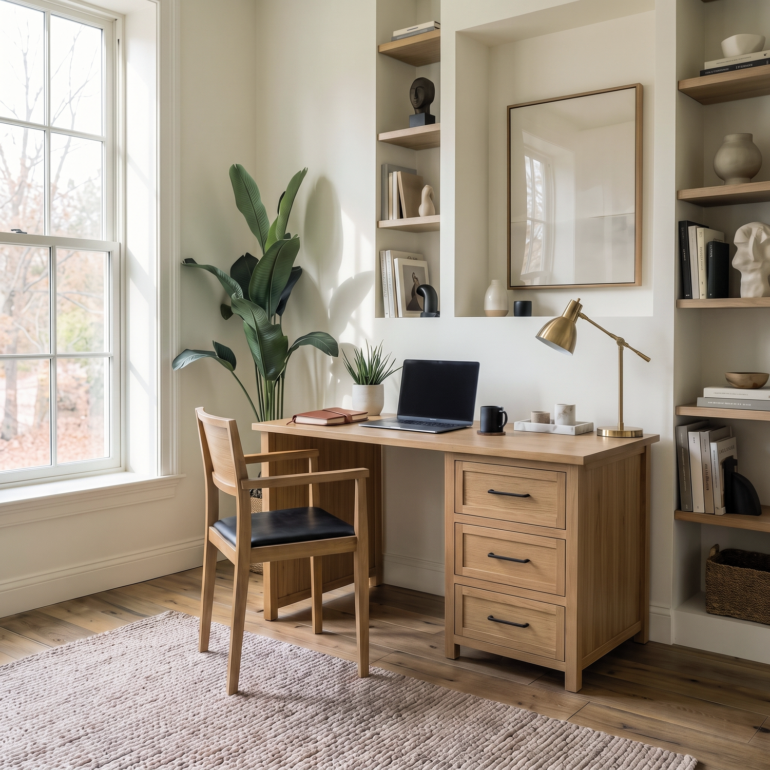 Modern home office with a wooden desk, chair, and built-in shelving in a bright, minimalist, and cozy interior.