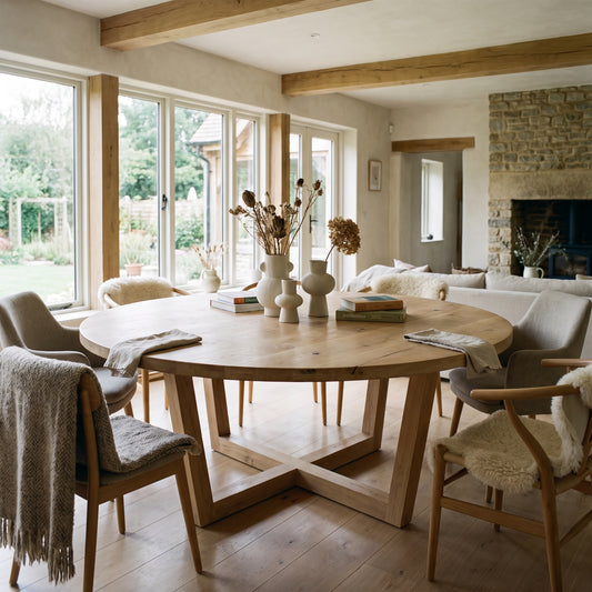 Modern rustic dining room featuring a large round oak table, minimalist vases, and cozy upholstered chairs in a bright, airy space.