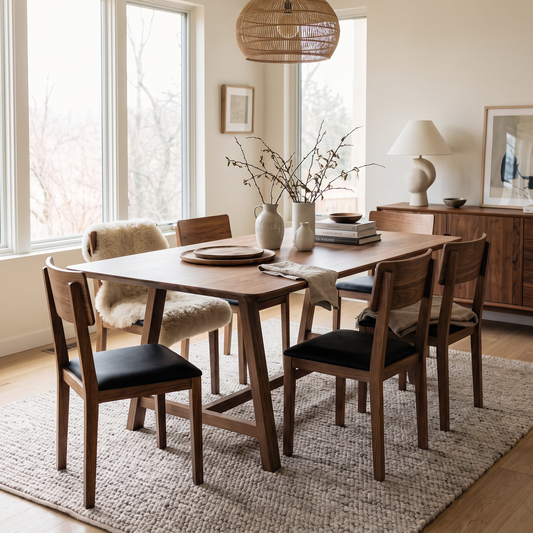Lucia Dining Table in a warm, modern dining room with wooden chairs, textured rug, and natural light.