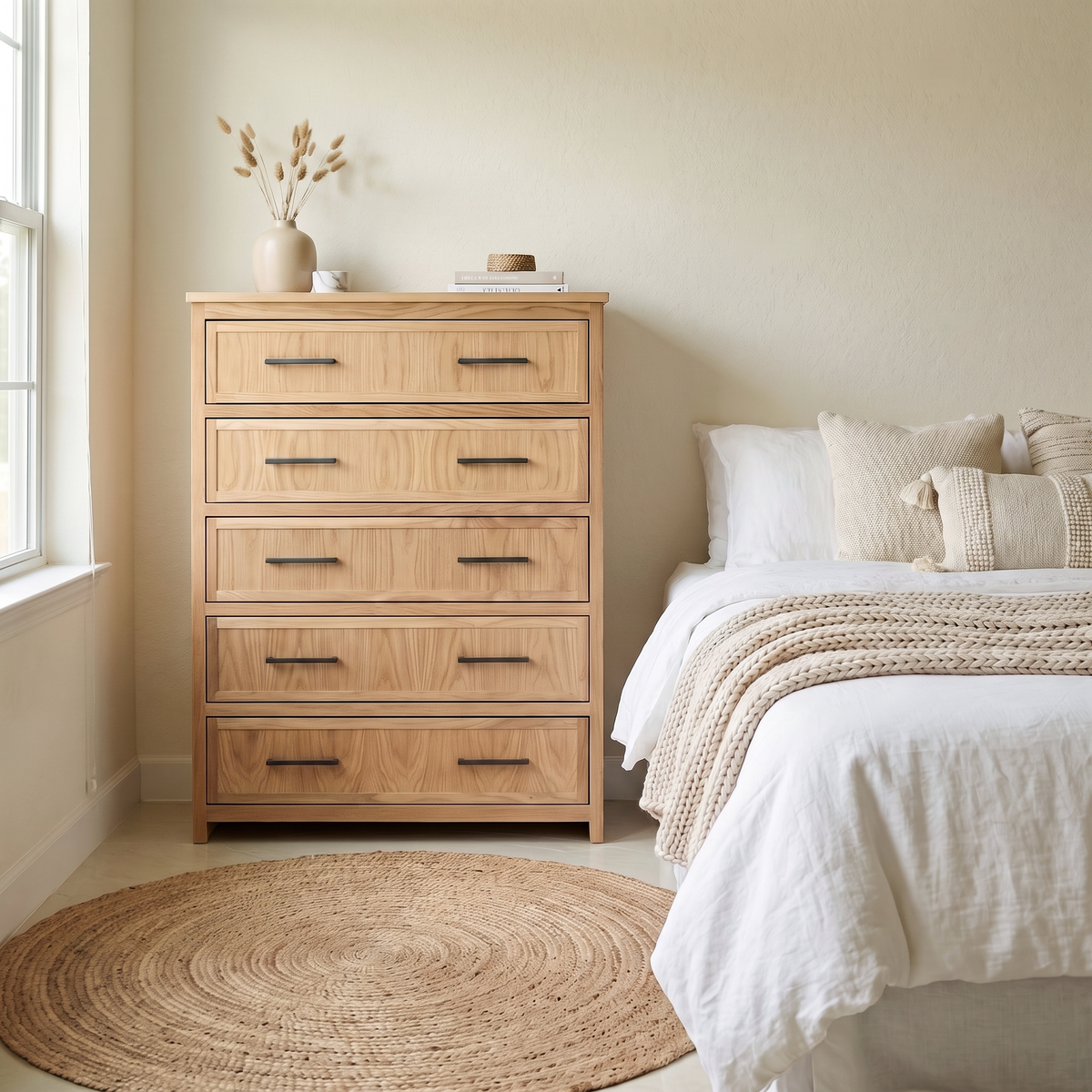 Cozy, minimalist bedroom featuring a light wood dresser, round jute rug, and neutral bedding for a warm, modern aesthetic.