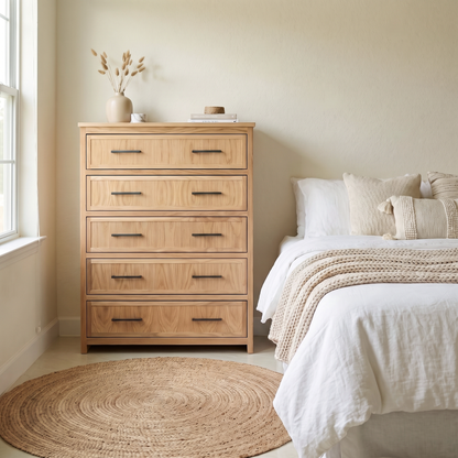 Cozy, minimalist bedroom featuring a light wood dresser, round jute rug, and neutral bedding for a warm, modern aesthetic.