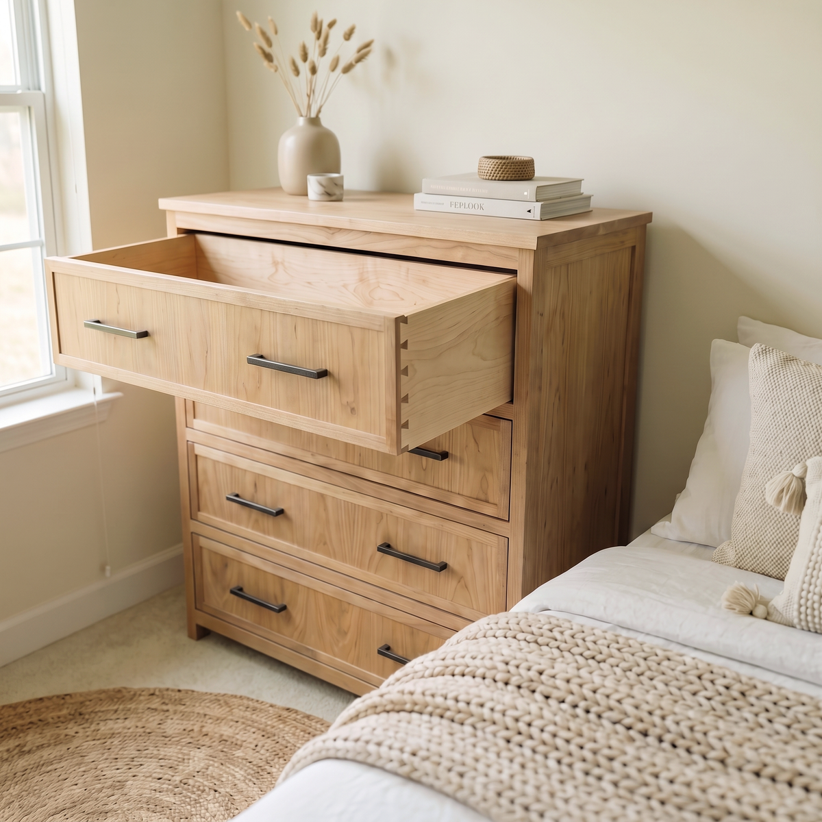 Modern farmhouse bedroom featuring a natural wood dresser with open drawer, cozy bedding, and minimalist decor.
