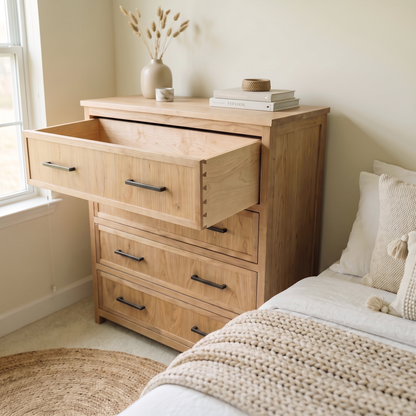 Modern farmhouse bedroom featuring a natural wood dresser with open drawer, cozy bedding, and minimalist decor.