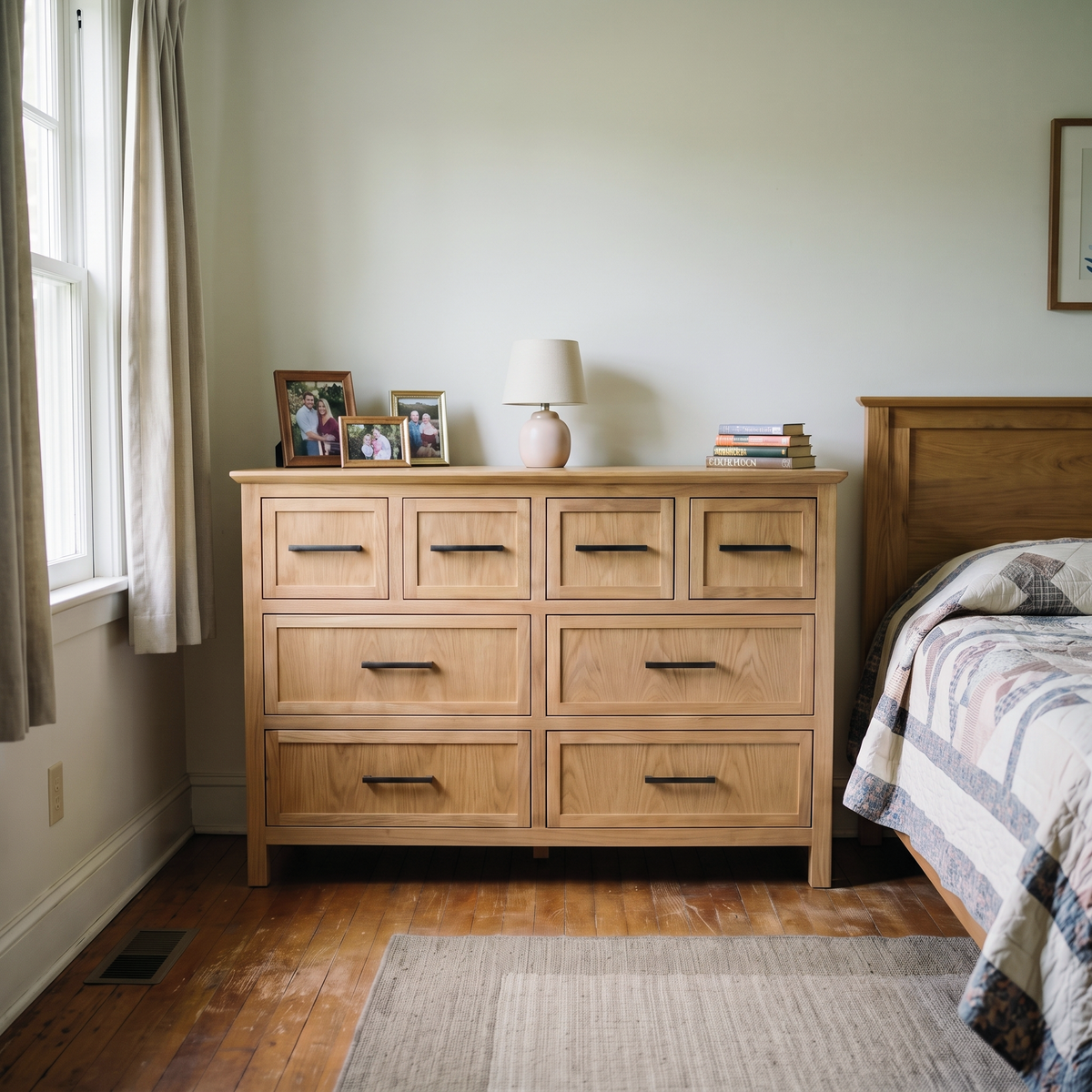 Cozy bedroom featuring a light wood dresser, minimalist decor, and a quilt-covered bed in a warm, traditional home setting.